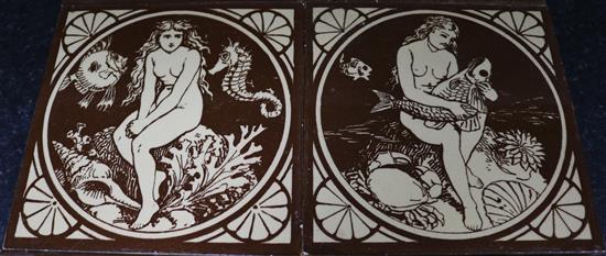 John Moyr-Smith. A rare set of six Mintons China Works water nymphs dust pressed tiles, all 6in. sq.